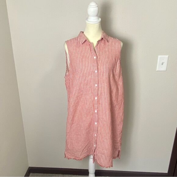 BeachLunchLounge Linen Blend Red & White Striped Button Up Shirt Dress Womens XL - Picture 11 of 16